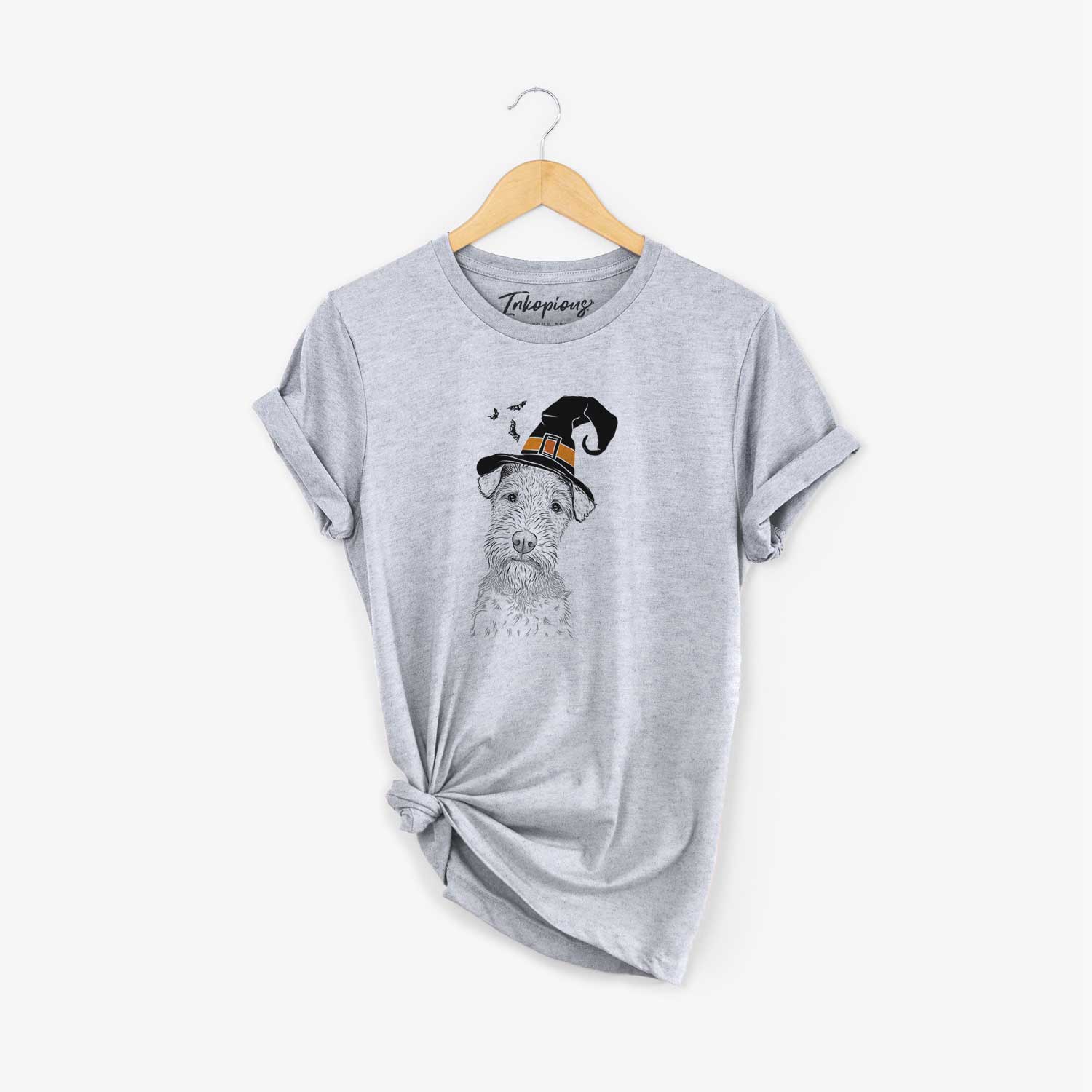 Hand-drawn sketch of Kiara the Welsh Terrier wearing a witch hat on a Grey Unisex crewneck