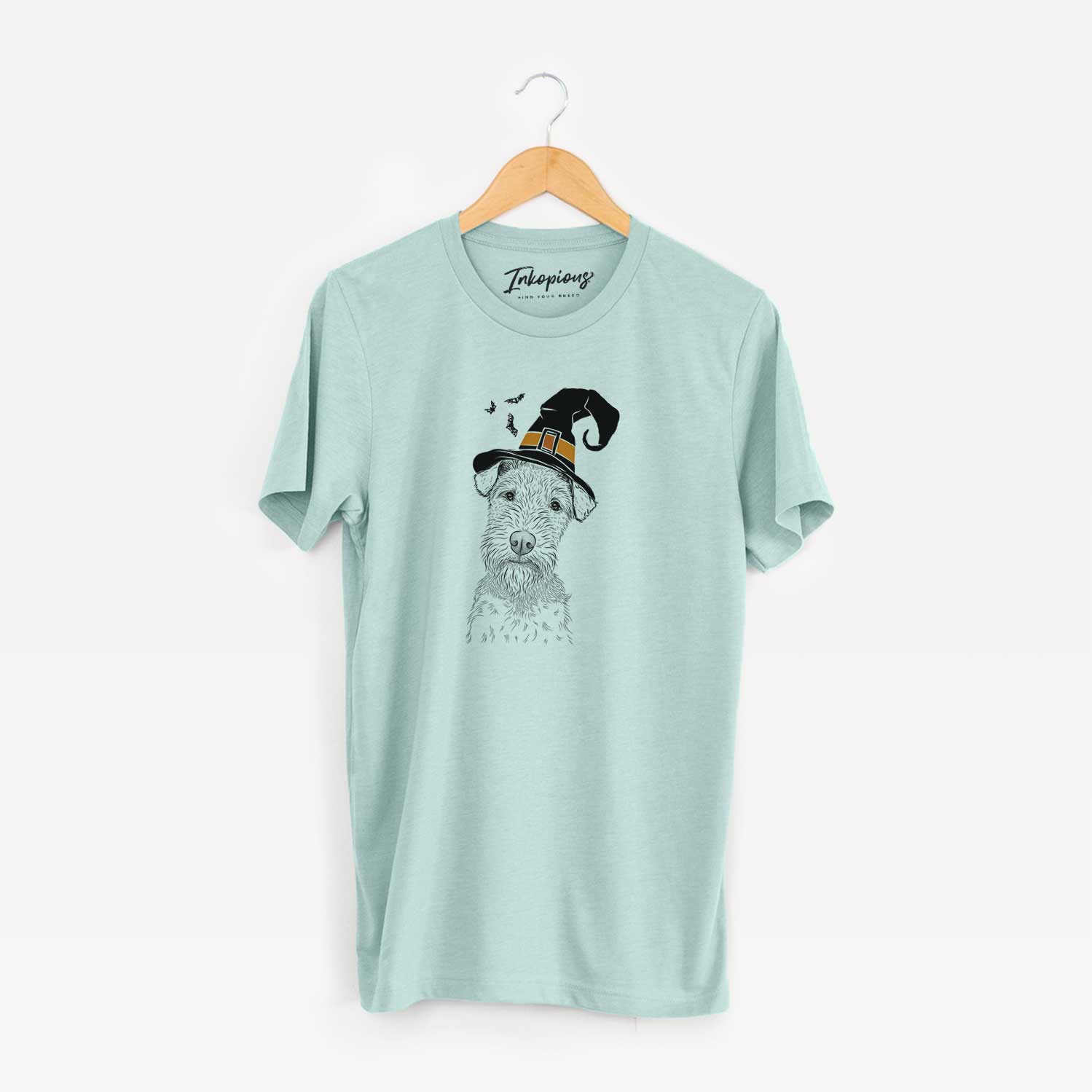 Hand-drawn sketch of Kiara the Welsh Terrier wearing a witch hat on a Heather Sage Unisex crewneck