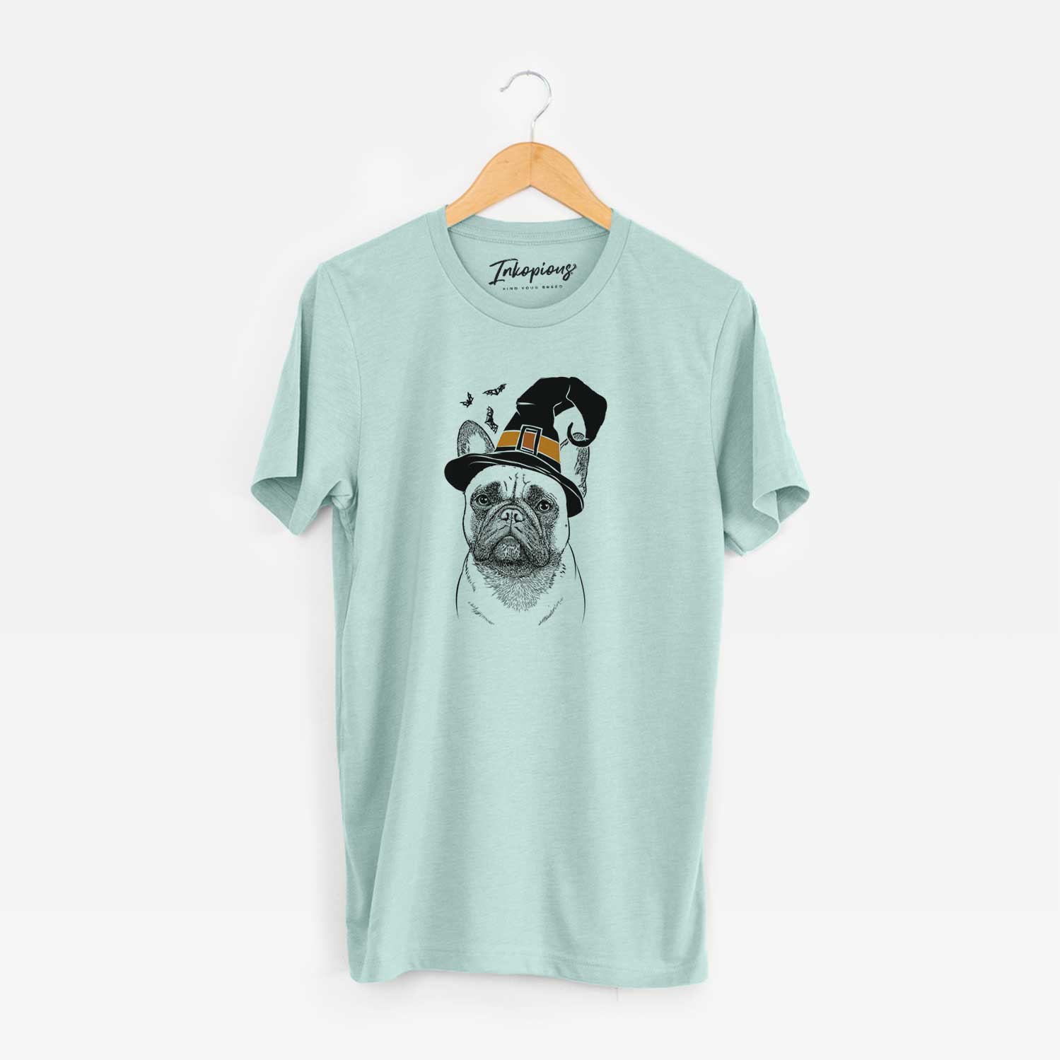 Hand-drawn sketch of Kingsleigh the French Bulldog wearing a witch hat on a Heather Sage Unisex crewneck