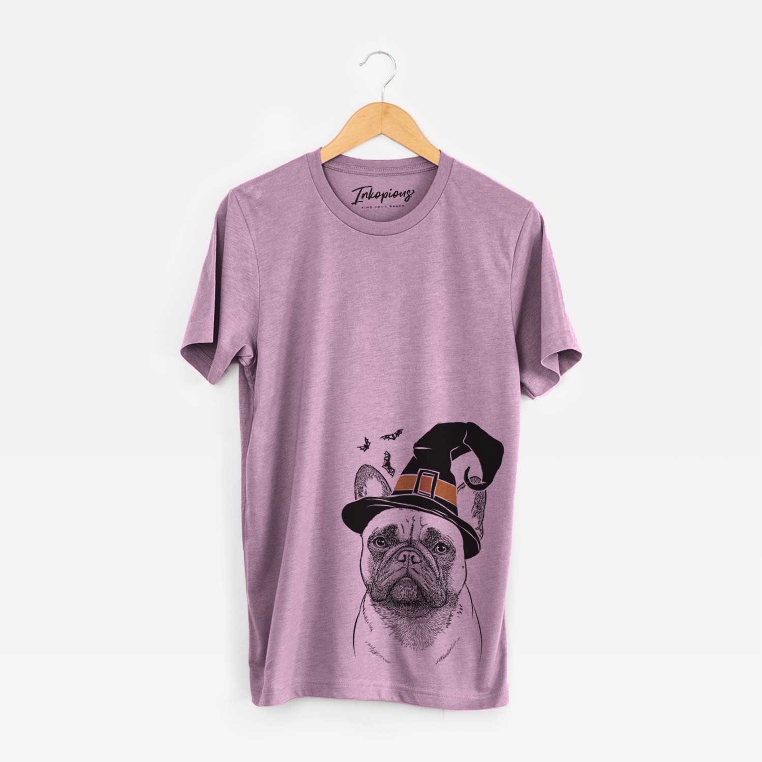 Hand-drawn sketch of Kingsleigh the French Bulldog wearing a witch hat on an Orchid Unisex crewneck