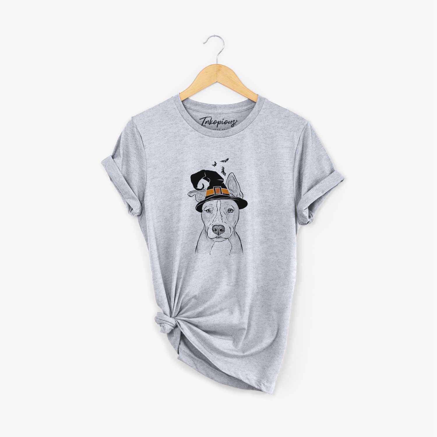 Hand-drawn sketch of Kisses the Pitbull wearing a witch hat on a Grey Unisex crewneck