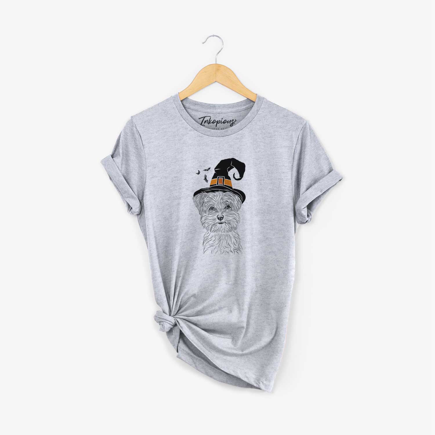 Hand-drawn sketch of Kiwi the Morkie wearing a witch hat on a Grey Unisex crewneck