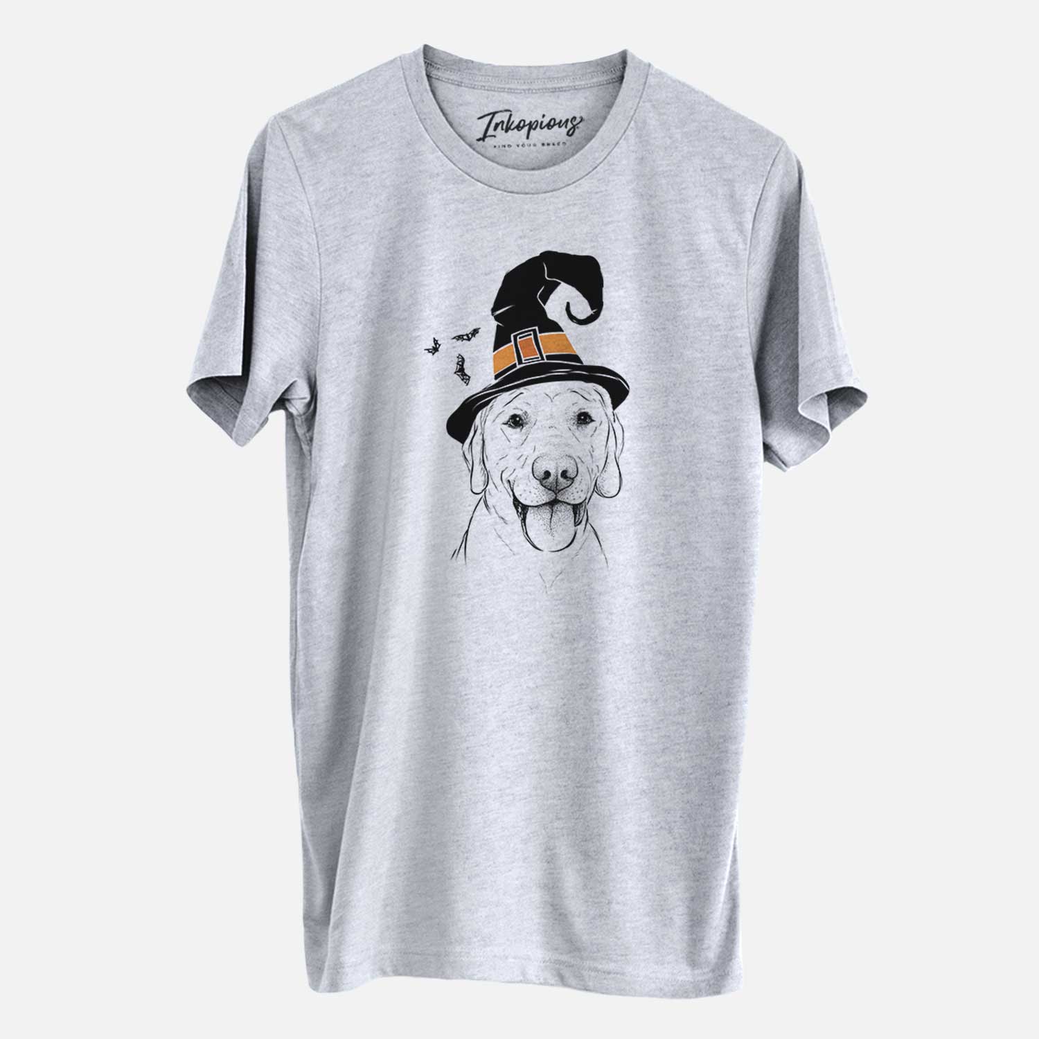 Hand-drawn sketch of Klay the Labrador Retriever wearing a witch hat on a Grey Unisex crewneck