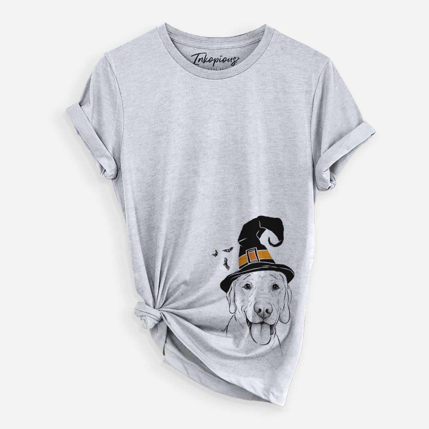 Hand-drawn sketch of Klay the Labrador Retriever wearing a witch hat on a Grey Unisex crewneck