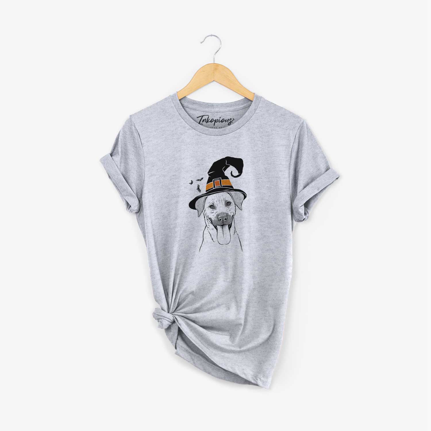 Hand-drawn sketch of Koda the Black Mouth Cur wearing a witch hat on a Grey Unisex crewneck