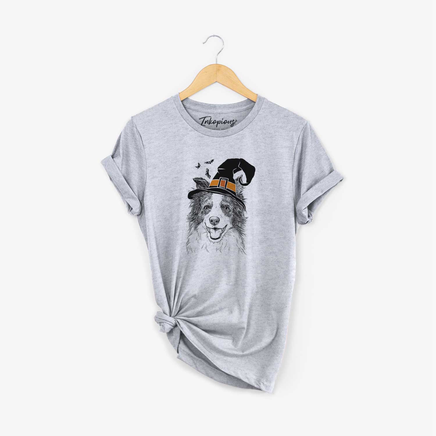 Hand-drawn sketch of Kylee the Border Collie wearing a witch hat on a Grey Unisex crewneck