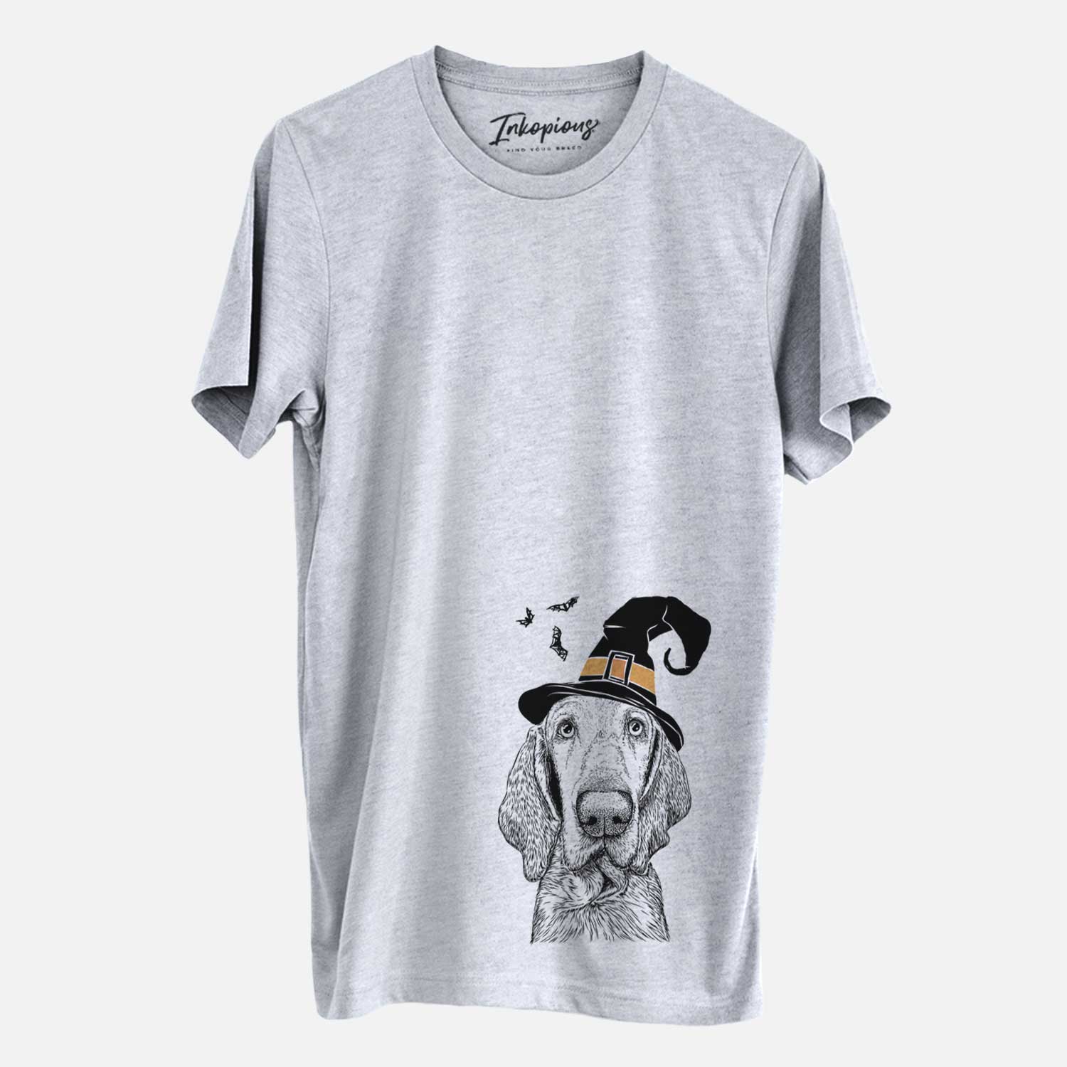 Hand-drawn sketch of Kylie the Bracco Italiano wearing a witch hat on a Grey Unisex crewneck