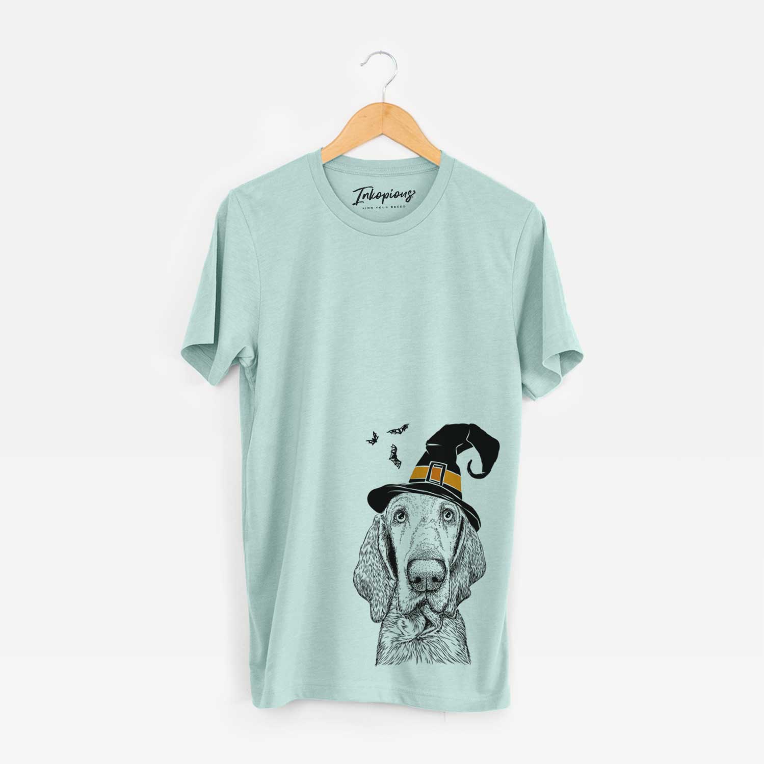 Hand-drawn sketch of Kylie the Bracco Italiano wearing a witch hat on a Heather Sage Unisex crewneck