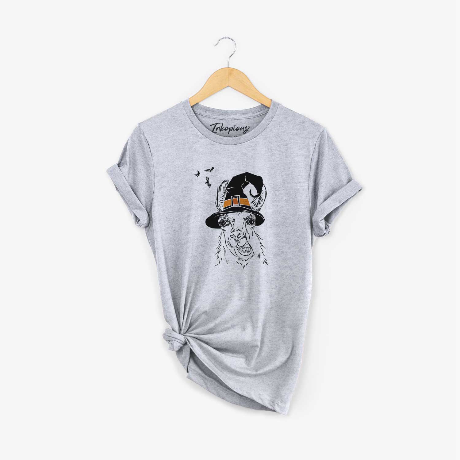 Hand-drawn sketch of Larry the Llama wearing a witch hat on a Grey Unisex crewneck