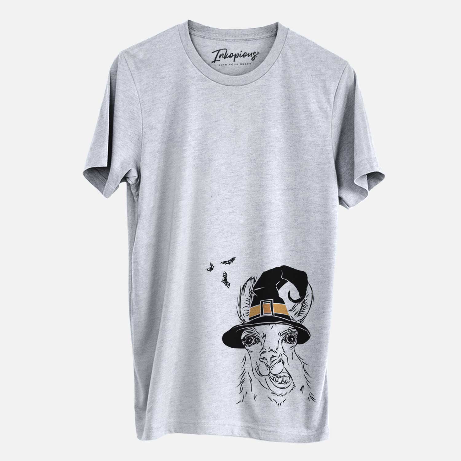 Hand-drawn sketch of Larry the Llama wearing a witch hat on a Grey Unisex crewneck