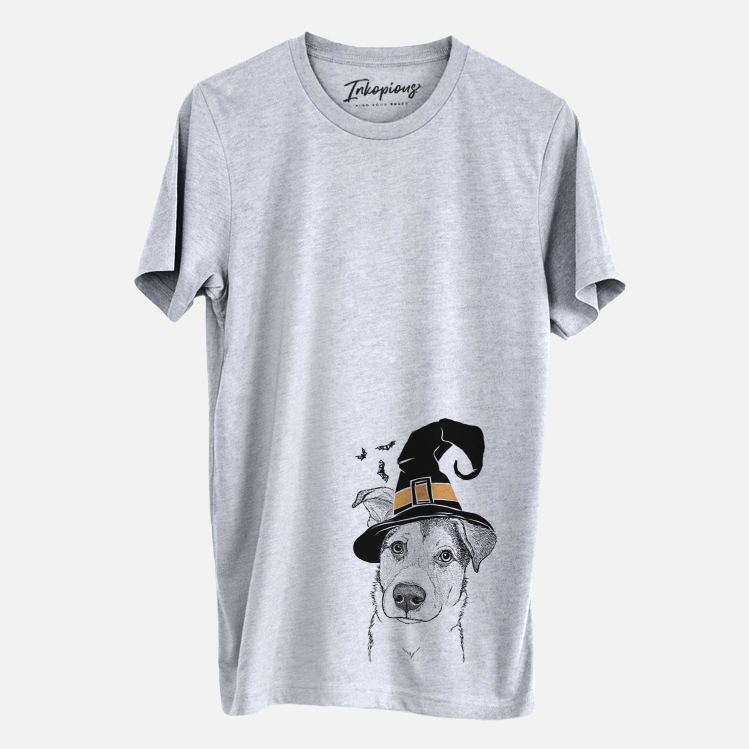 Hand-drawn sketch of Leia the Mixed Breed wearing a witch hat on a Grey Unisex crewneck