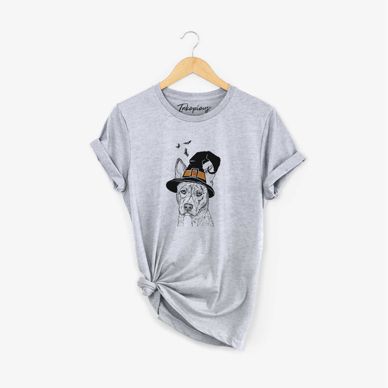Hand-drawn sketch of Leo the Ibizan Hound Bull Mastiff Mix wearing a witch hat on a Grey Unisex crewneck