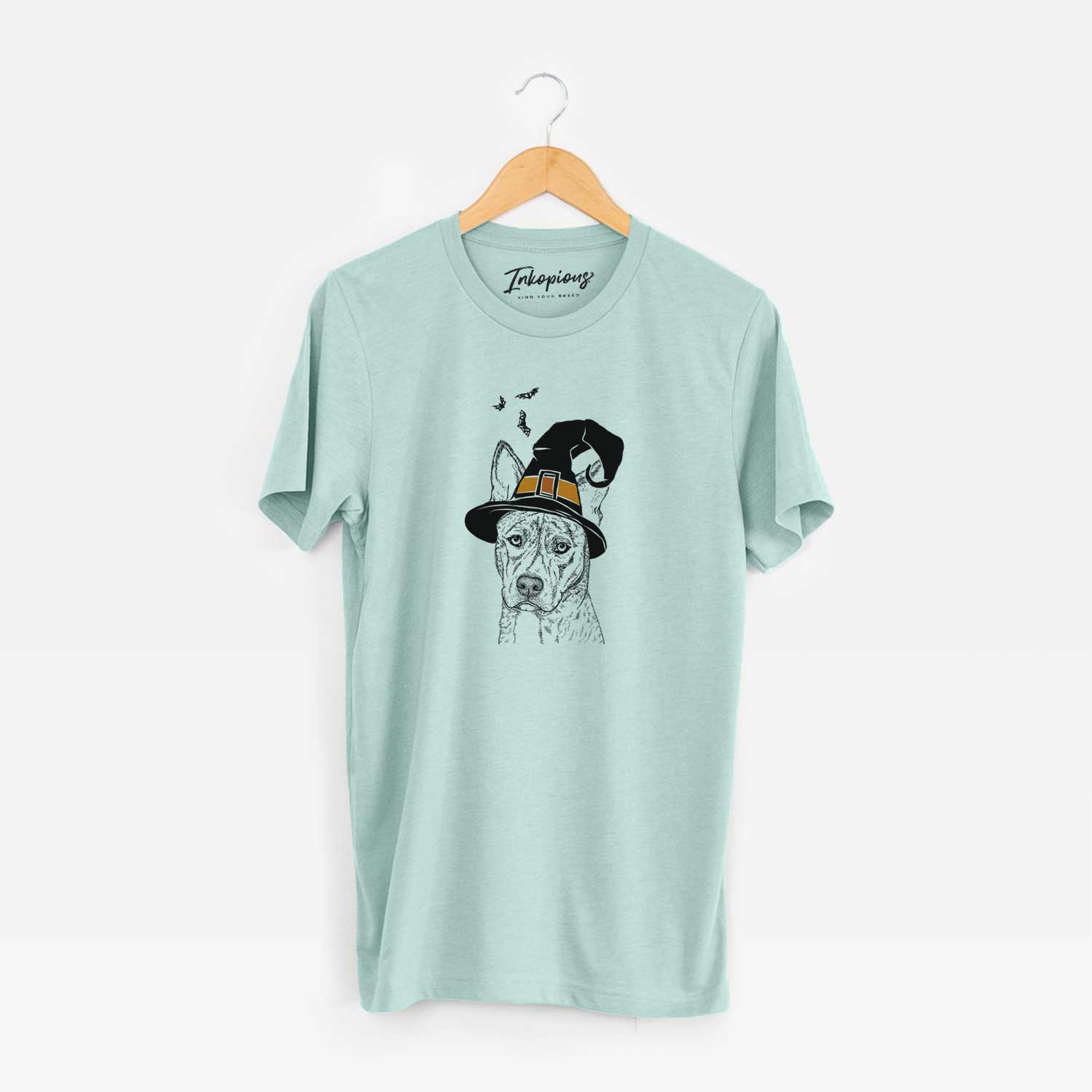 Hand-drawn sketch of Leo the Ibizan Hound Bull Mastiff Mix wearing a witch hat on a Heather Sage Unisex crewneck
