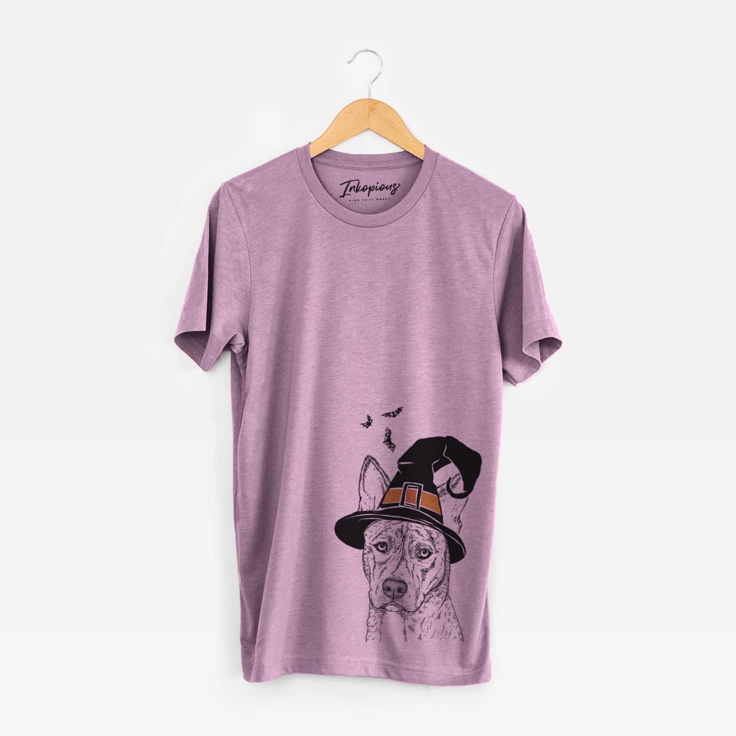 Hand-drawn sketch of Leo the Ibizan Hound Bull Mastiff Mix wearing a witch hat on an Orchid Unisex crewneck