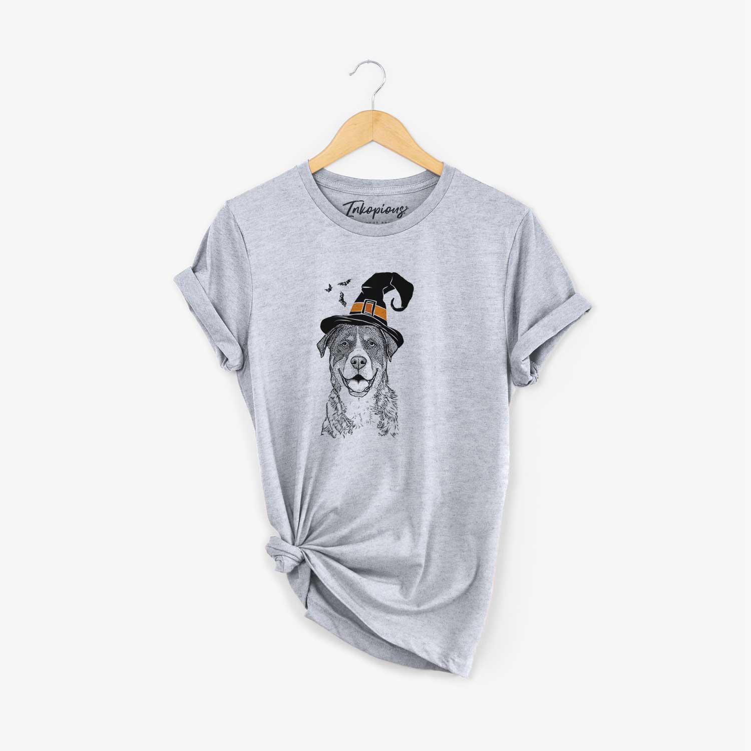 Hand-drawn sketch of Leon the Greater Swiss Mountain Dog wearing a witch hat on a Grey Unisex crewneck