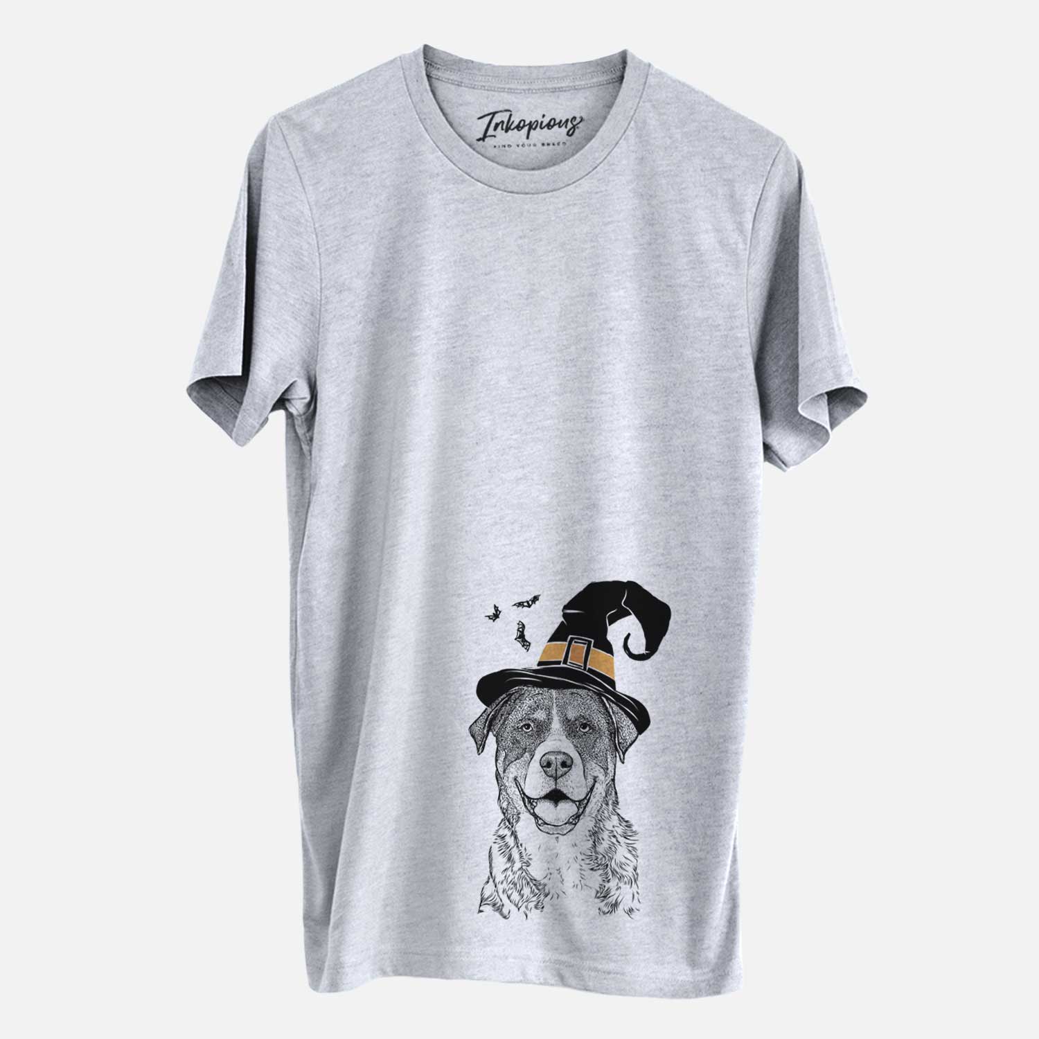 Hand-drawn sketch of Leon the Greater Swiss Mountain Dog wearing a witch hat on a Grey Unisex crewneck