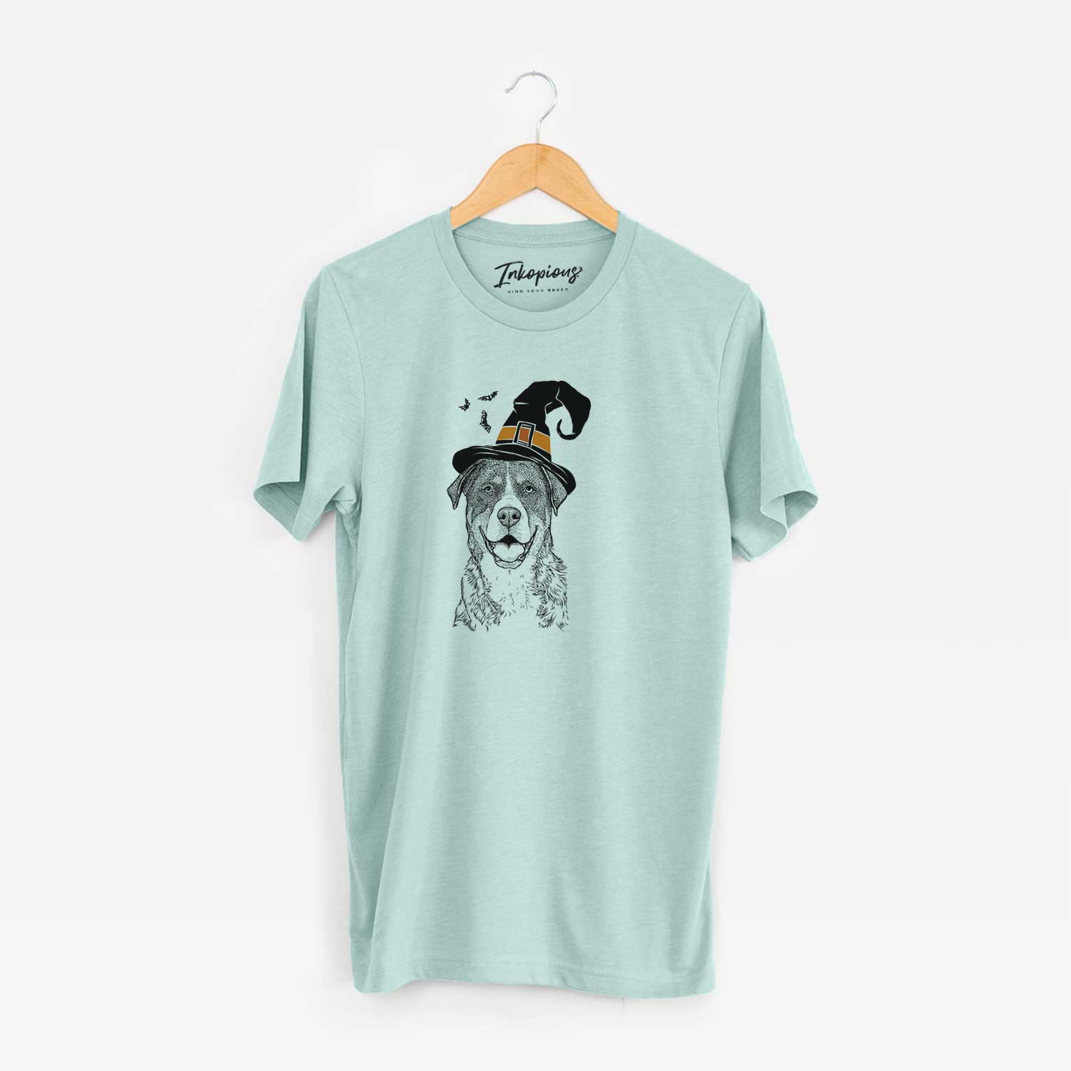 Hand-drawn sketch of Leon the Greater Swiss Mountain Dog wearing a witch hat on a Heather Sage Unisex crewneck