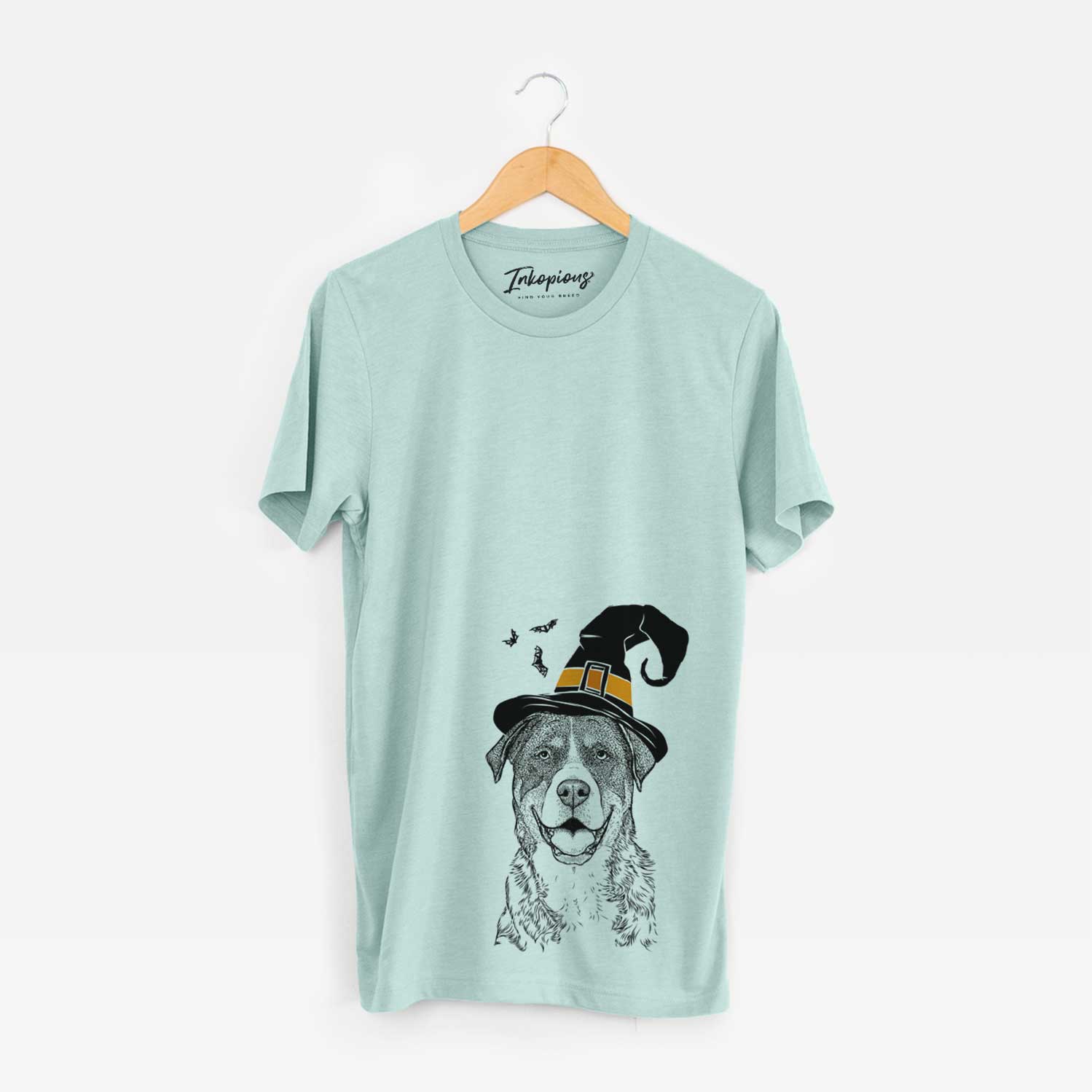 Hand-drawn sketch of Leon the Greater Swiss Mountain Dog wearing a witch hat on a Heather Sage Unisex crewneck