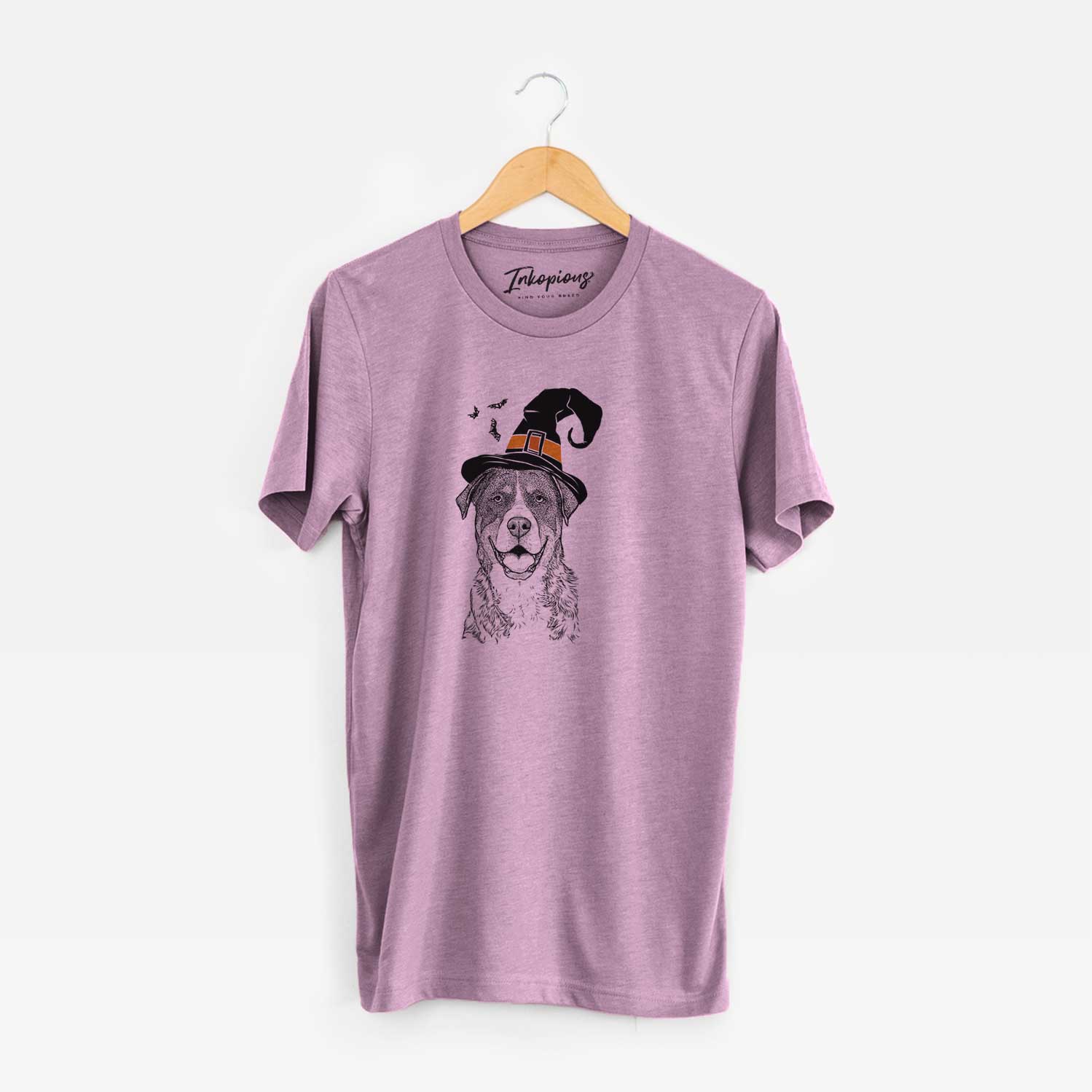 Hand-drawn sketch of Leon the Greater Swiss Mountain Dog wearing a witch hat on an Orchid Unisex crewneck
