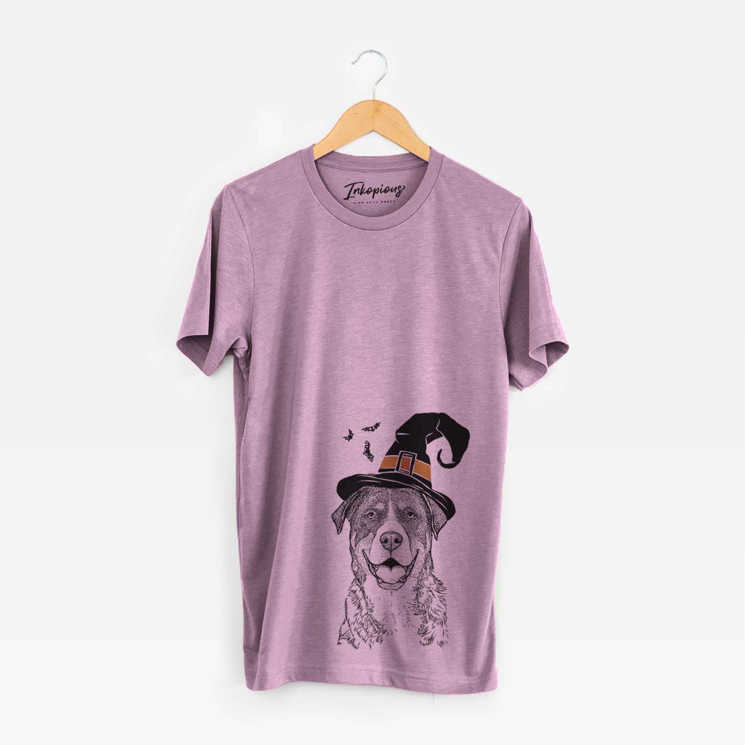 Hand-drawn sketch of Leon the Greater Swiss Mountain Dog wearing a witch hat on an Orchid Unisex crewneck