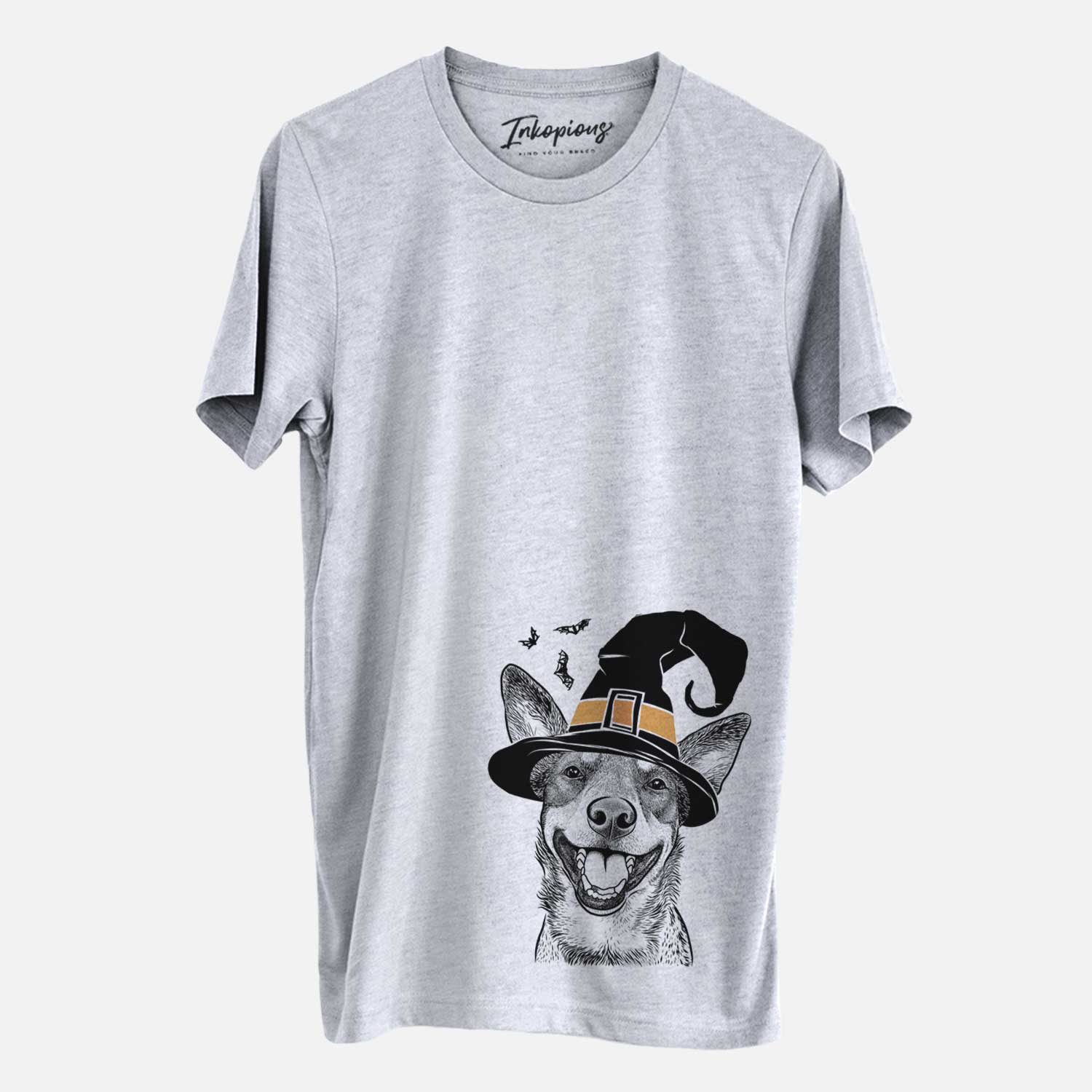 Hand-drawn sketch of Lily the Australian Cattle Dog wearing a witch hat on a Grey Unisex crewneck