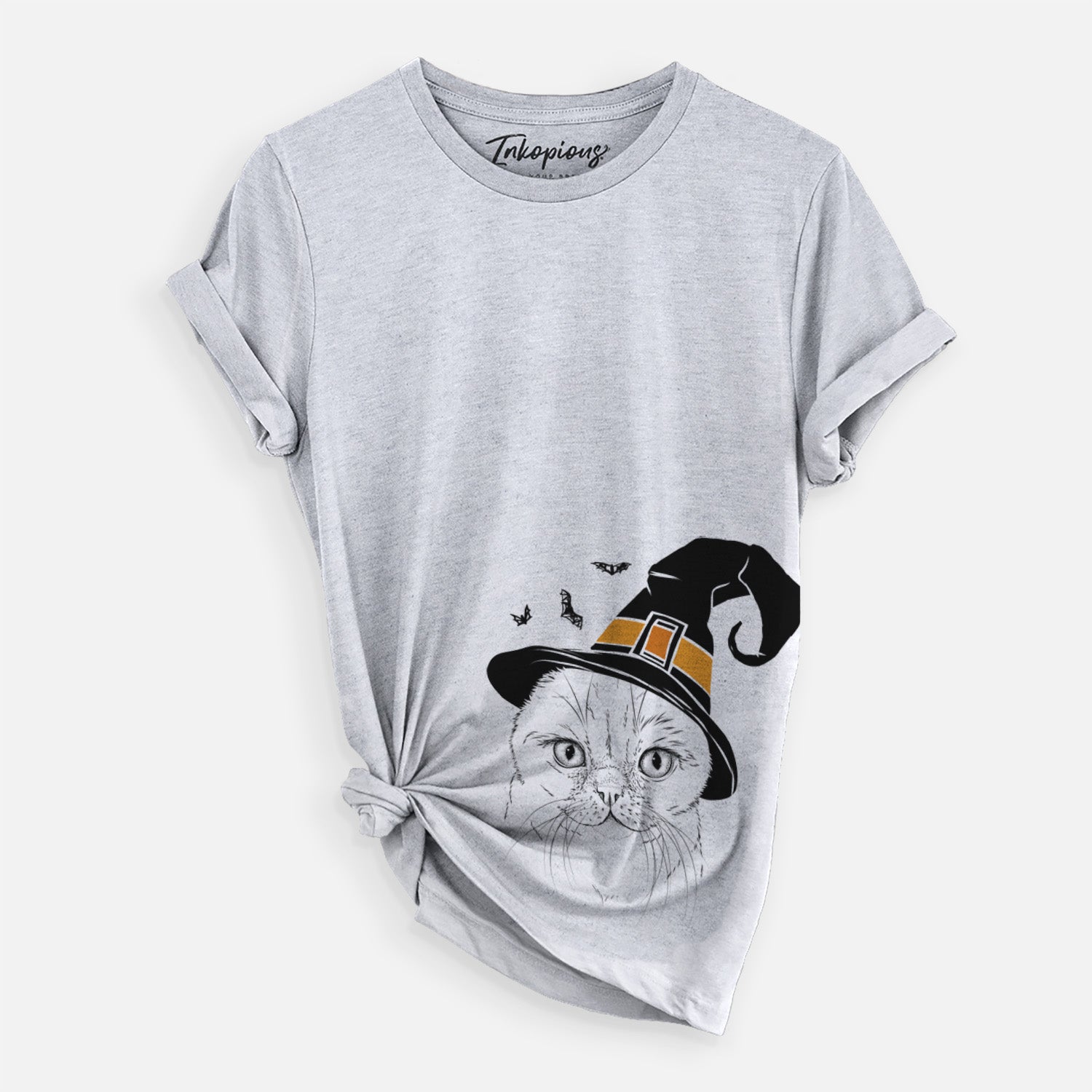 Hand-drawn sketch of Lina the Exotic Fold Cat wearing a witch hat on a Grey Unisex crewneck