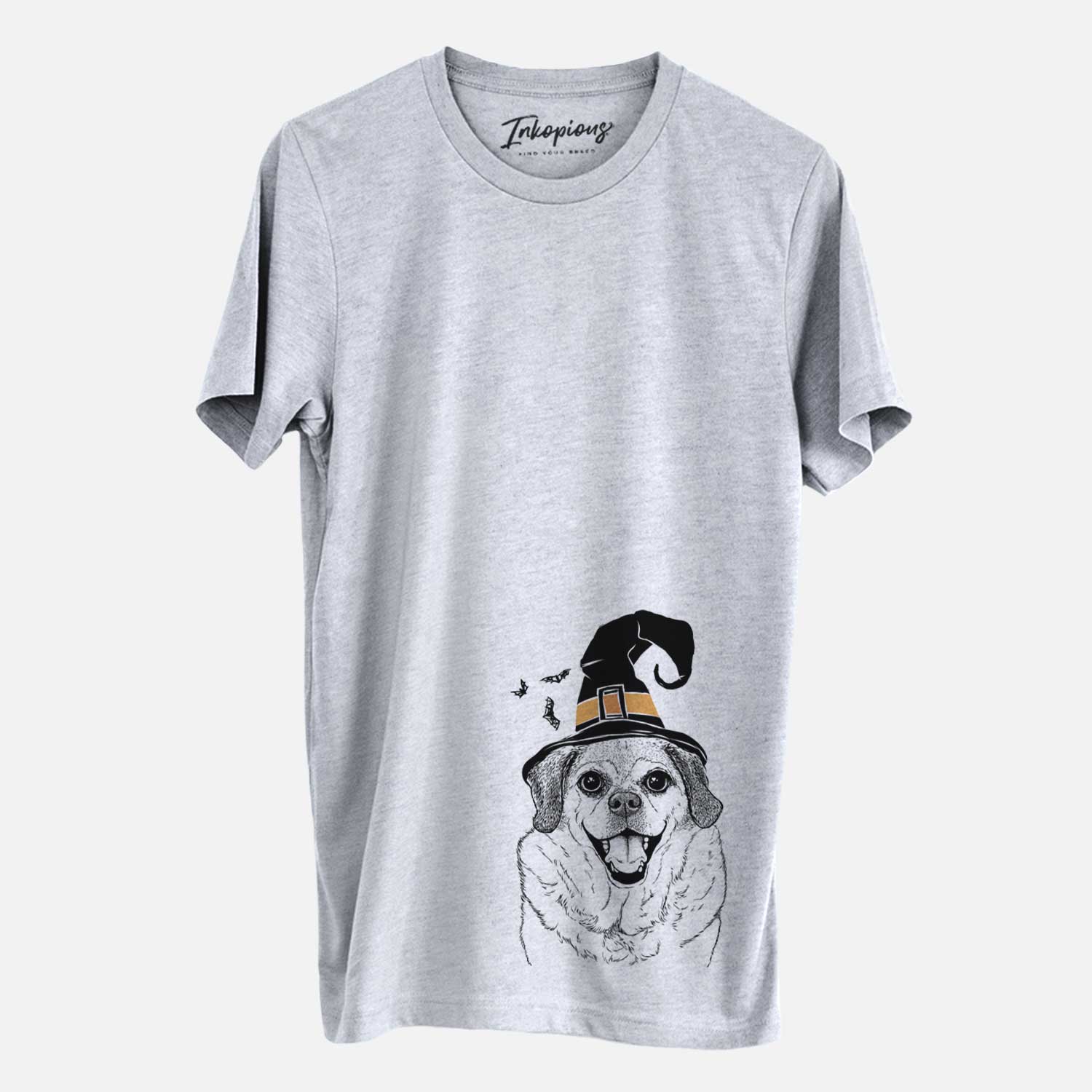 Hand-drawn sketch of Little Man the Puggle wearing a witch hat on a Grey Unisex crewneck