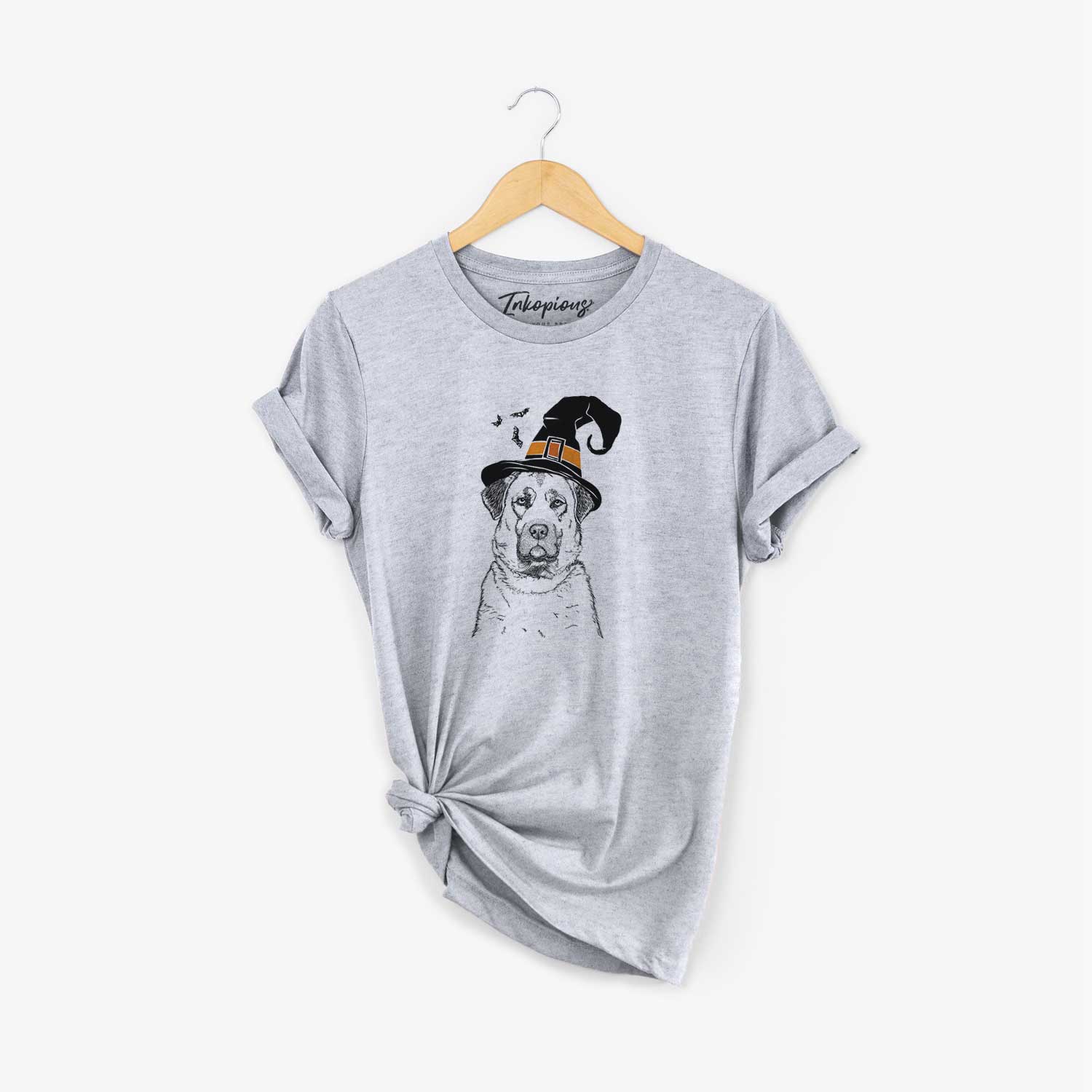 Hand-drawn sketch of Loca the Anatolian Shepherd wearing a witch hat on a Grey Unisex crewneck