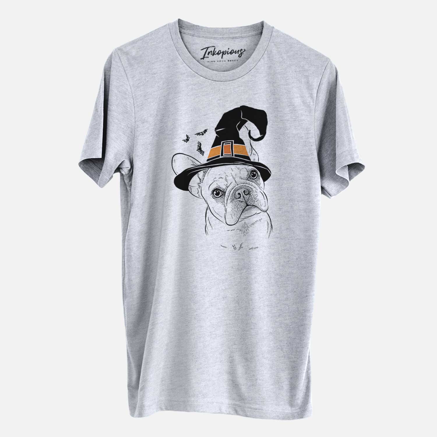 Hand-drawn sketch of Loki the French Bulldog wearing a witch hat on a Grey Unisex crewneck