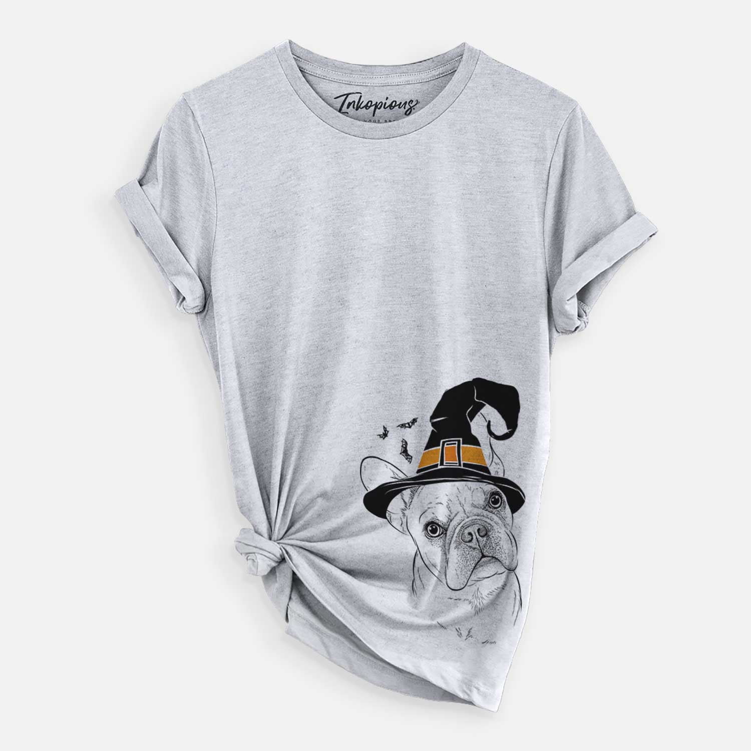 Hand-drawn sketch of Loki the French Bulldog wearing a witch hat on a Grey Unisex crewneck
