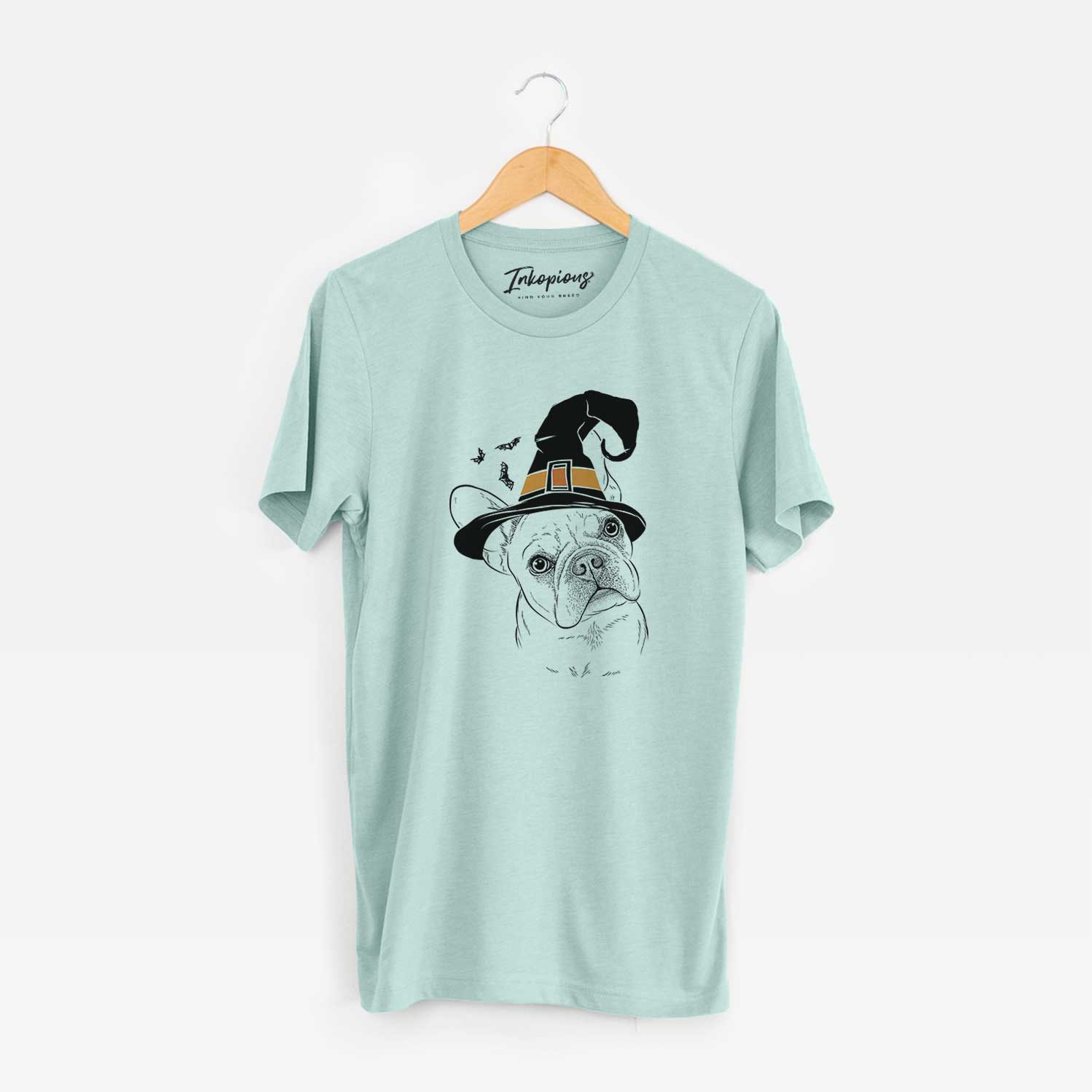 Hand-drawn sketch of Loki the French Bulldog wearing a witch hat on a Heather Sage Unisex crewneck