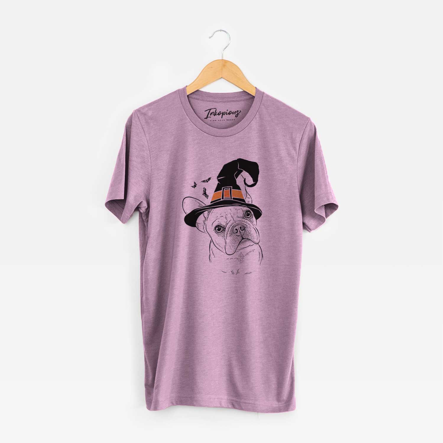 Hand-drawn sketch of Loki the French Bulldog wearing a witch hat on an Orchid Unisex crewneck