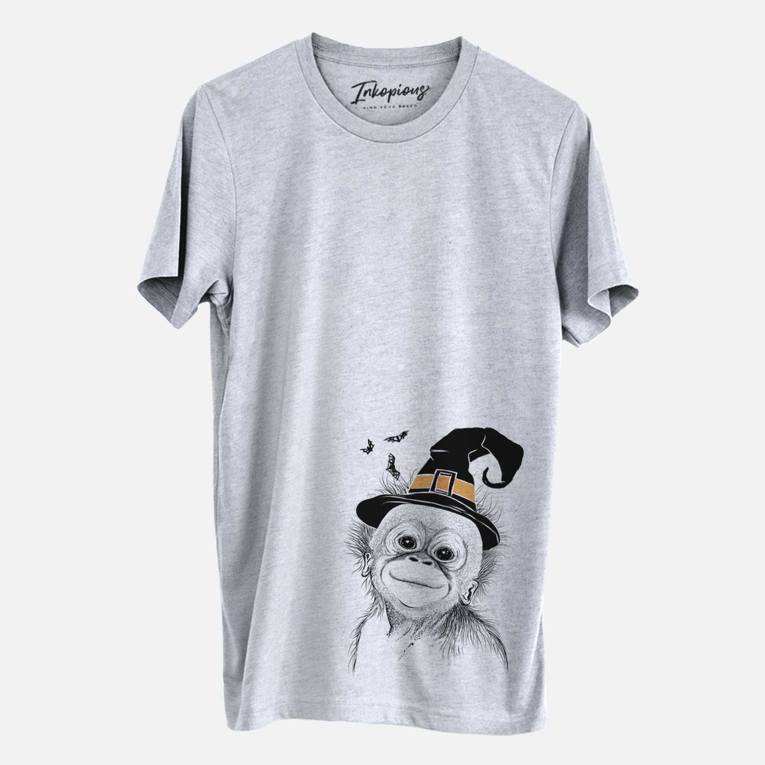 Hand-drawn sketch of Louie the Baby Orangutan wearing a witch hat on a Grey Unisex crewneck