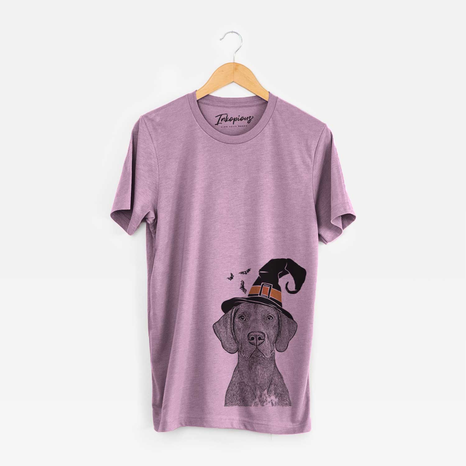 Hand-drawn sketch of Lucifer the German Shorthaired Pointer wearing a witch hat on an Orchid Unisex crewneck