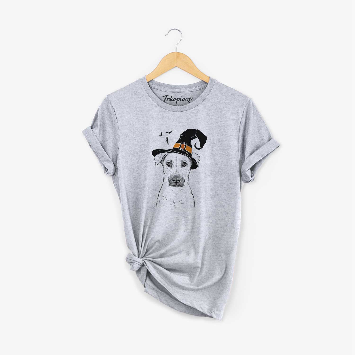 Hand-drawn sketch of Luna the Black Mouth Cur wearing a witch hat on a Grey Unisex crewneck