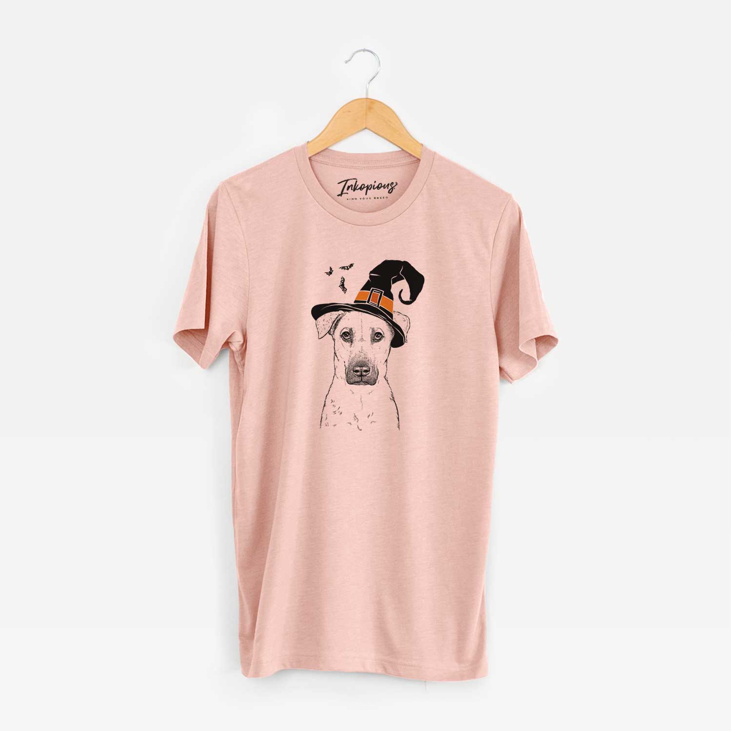 Hand-drawn sketch of Luna the Black Mouth Cur wearing a witch hat on a Peach Unisex crewneck