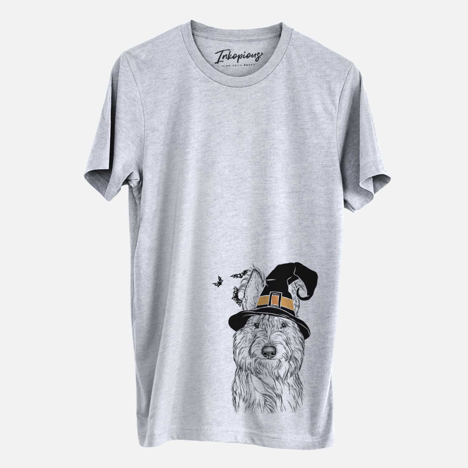 Hand-drawn sketch of Luna the Berger Picard wearing a witch hat on a Grey Unisex crewneck