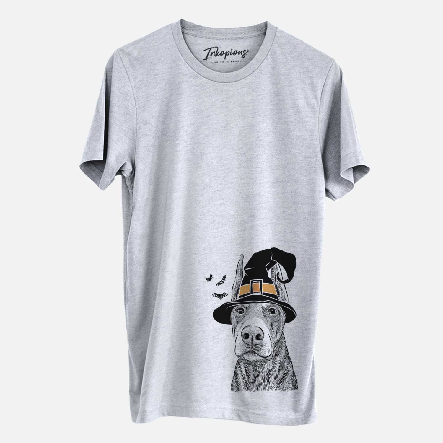 Hand-drawn sketch of Luna the Doberman Pinscher wearing a witch hat on a Grey Unisex crewneck