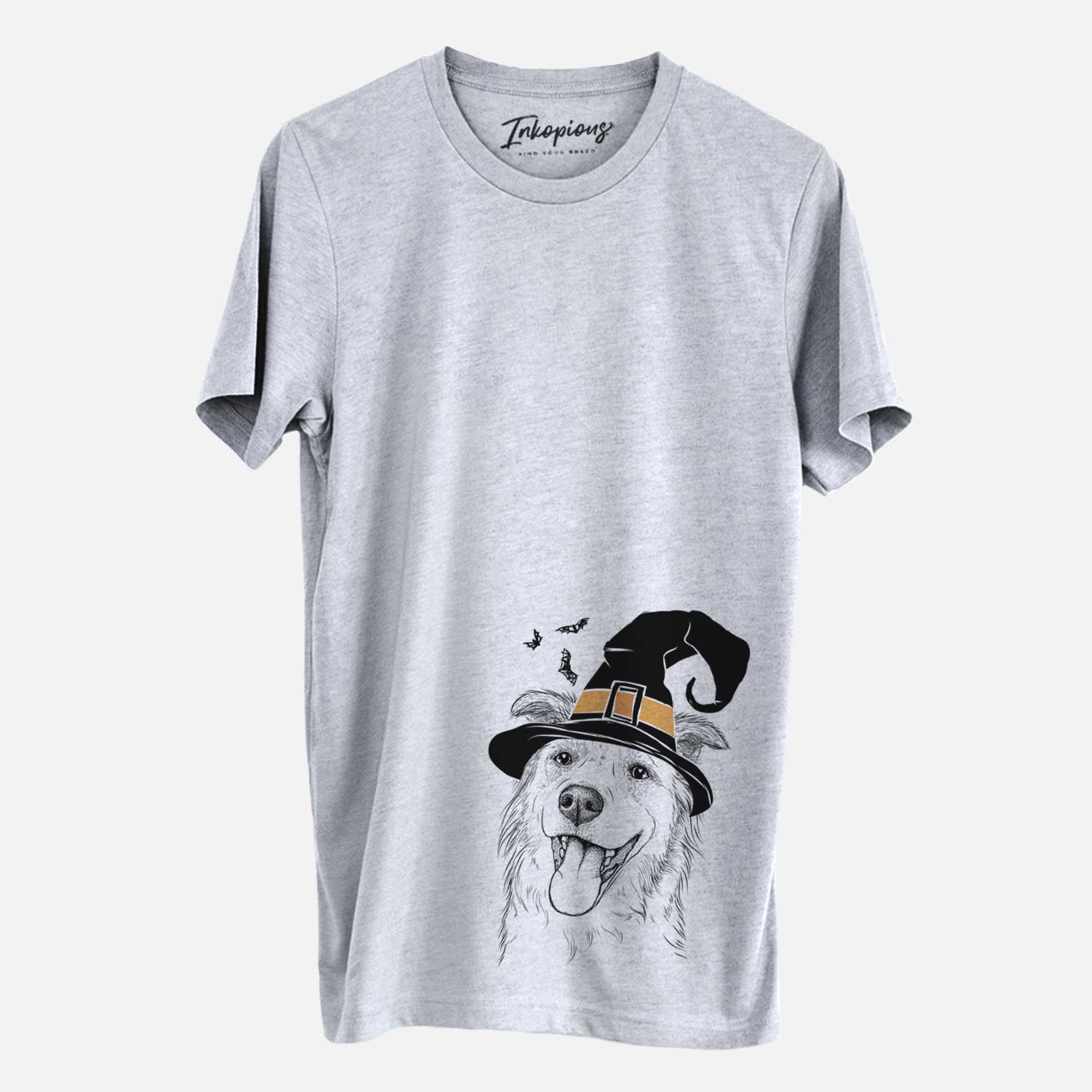 Hand-drawn sketch of Macaroni the Border Collie wearing a witch hat on a Grey Unisex crewneck