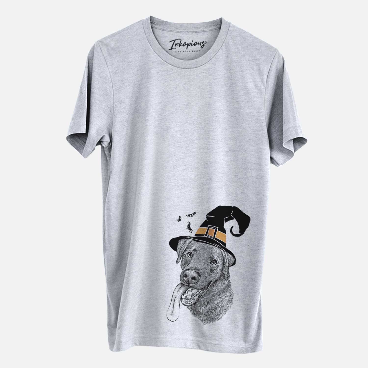 Hand-drawn sketch of Macaroni the Lab Mix wearing a witch hat on a Grey Unisex crewneck