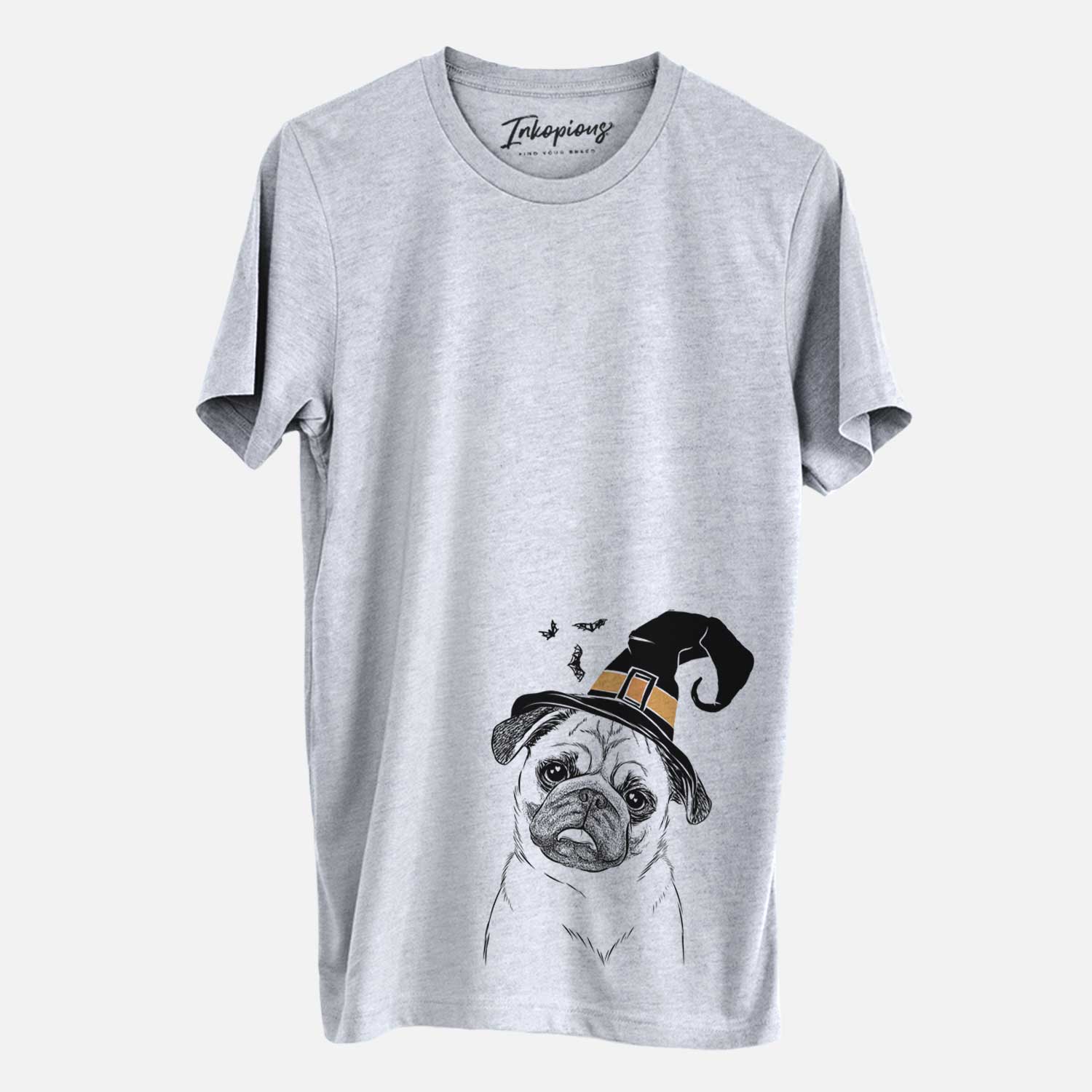 Hand-drawn sketch of Macy the Pug wearing a witch hat on a Grey Unisex crewneck