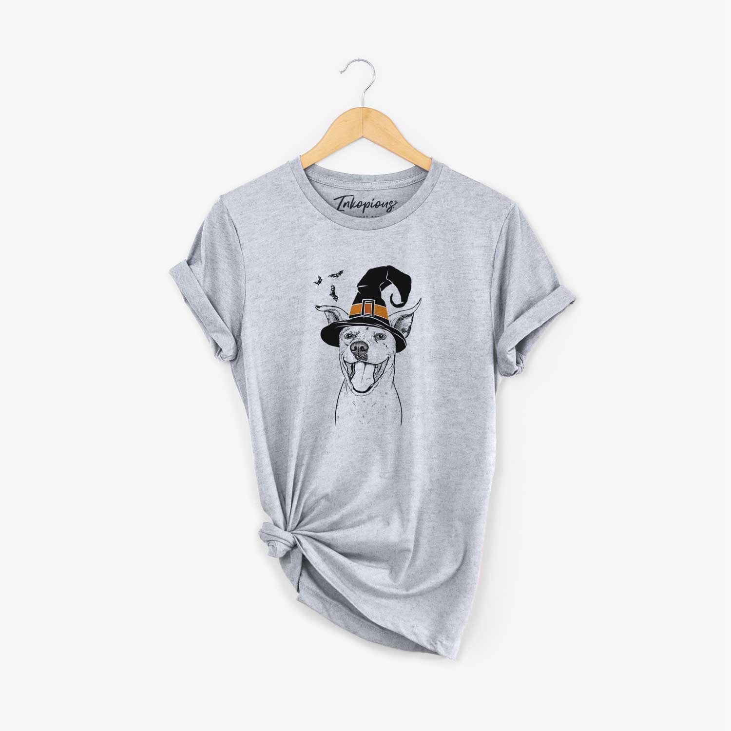 Hand-drawn sketch of Maddie the Dalmatian Pitbull Mix wearing a witch hat on a Grey Unisex crewneck