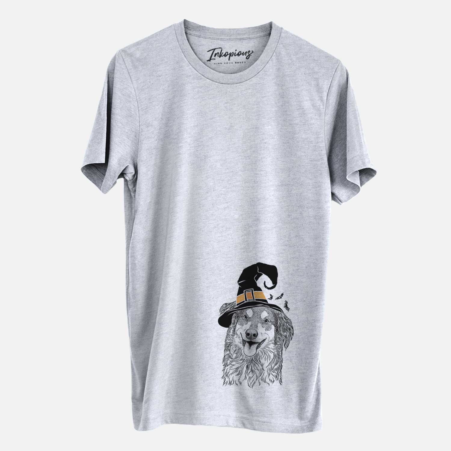 Hand-drawn sketch of Maddie the English Shepherd wearing a witch hat on a Grey Unisex crewneck