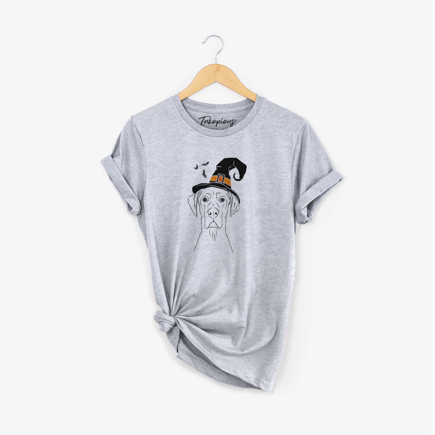 Hand-drawn sketch of Maddox the Great Dane wearing a witch hat on a Grey Unisex crewneck