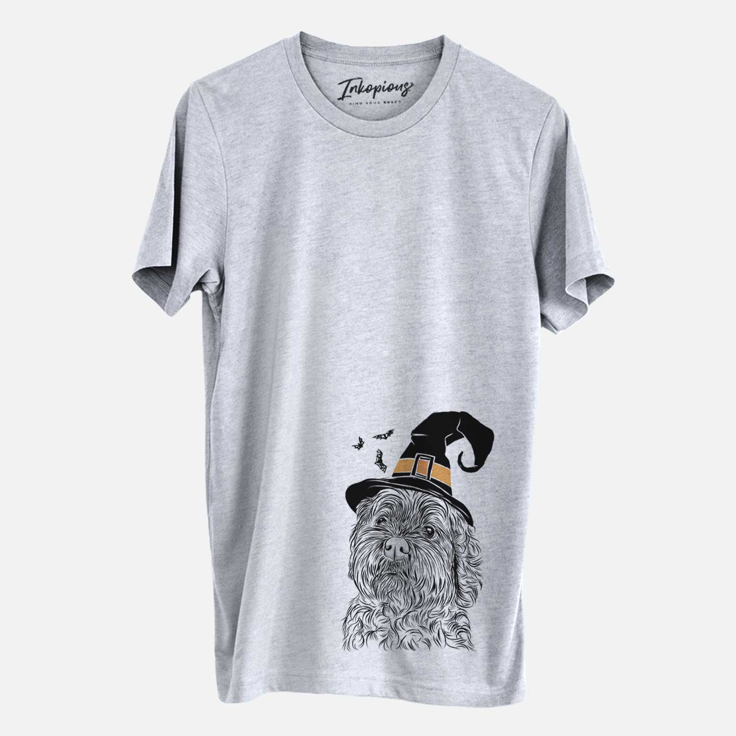 Hand-drawn sketch of Maggie Girl the Cockapoo wearing a witch hat on a Grey Unisex crewneck