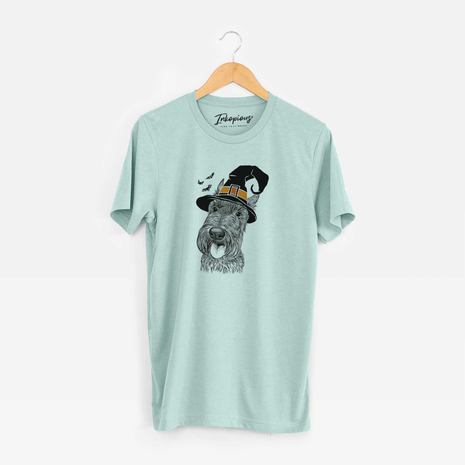 Hand-drawn sketch of Magnus the Scottish Terrier wearing a witch hat on a Heather Sage Unisex crewneck
