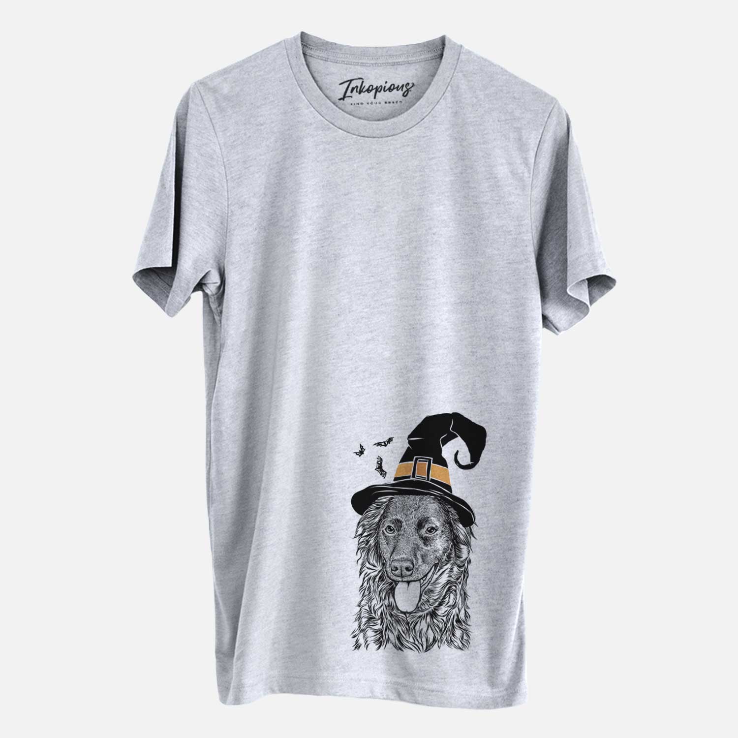 Hand-drawn sketch of Maisie Mae the Aussiedor wearing a witch hat on a Grey Unisex crewneck