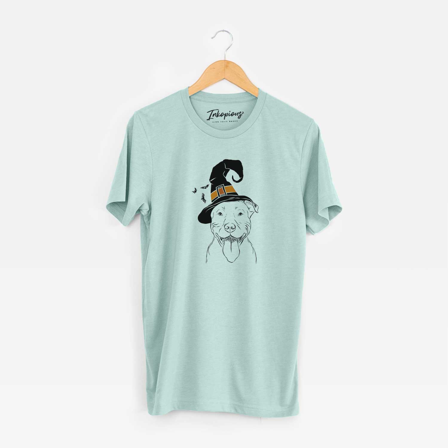 Hand-drawn sketch of Major the Pitbull wearing a witch hat on a Heather Sage Unisex crewneck