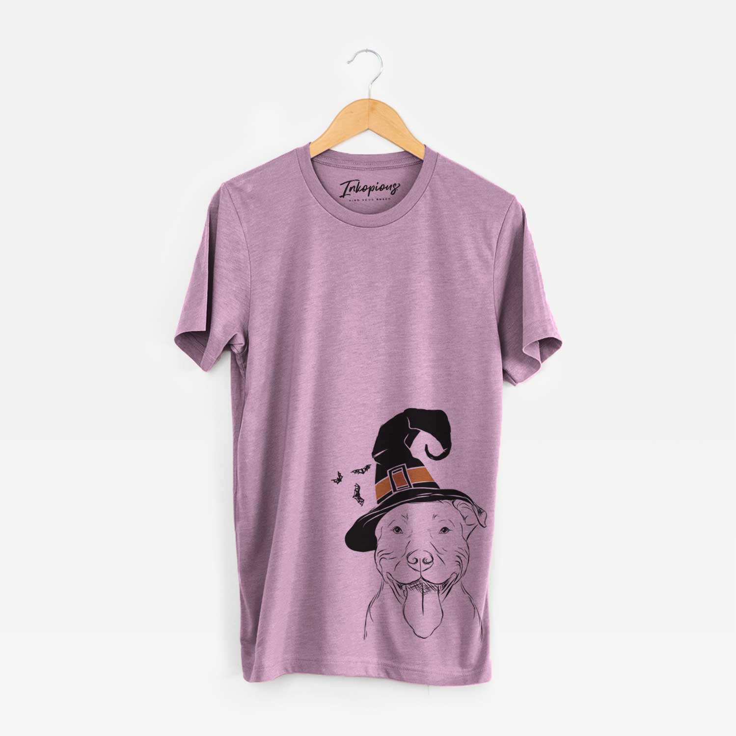 Hand-drawn sketch of Major the Pitbull wearing a witch hat on an Orchid Unisex crewneck