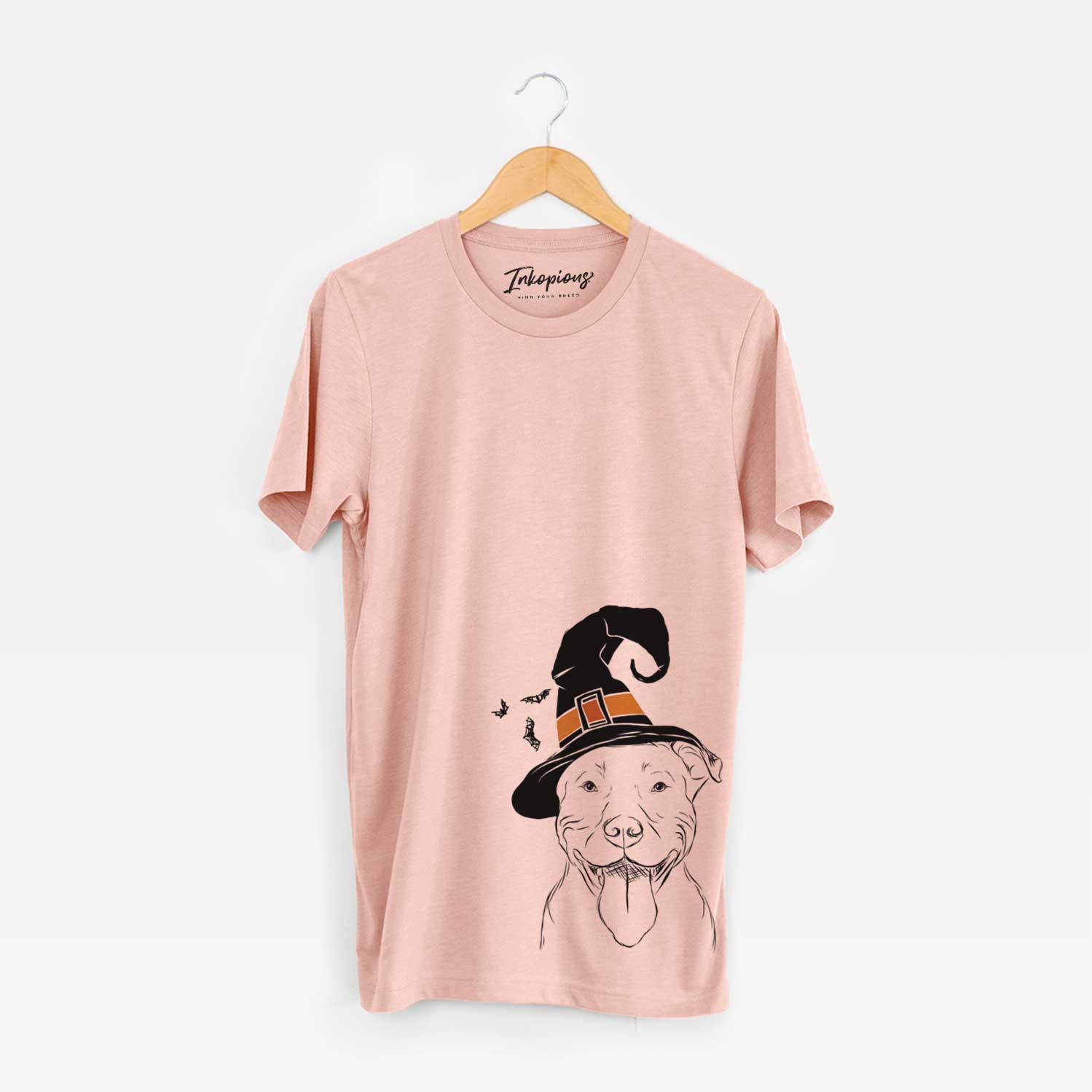 Hand-drawn sketch of Major the Pitbull wearing a witch hat on a Peach Unisex crewneck